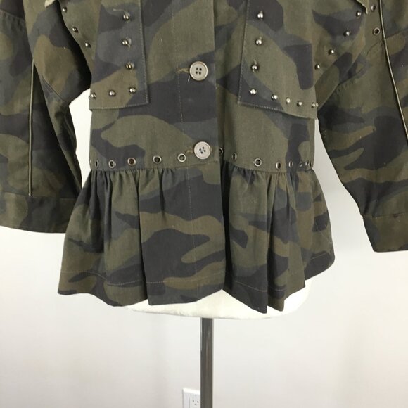 JOIE Green Mix Camo Print SAMIA Dolman Sleeve Studded Ruffle Peplum Hem Jacket - Picture 9 of 13